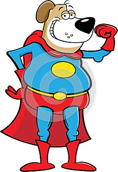 Cartoon smiling dog wearing a super hero costume and making a muscle.