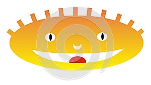 Cartoon smiling face emoticon in yellow-orange colors. Emotions - smile and surprise.
