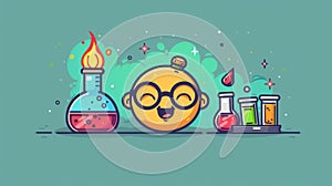 A cartoon of a smiling face with glasses and beakers, AI