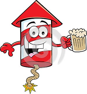 Cartoon Smiling Firecracker Holding A Beer.