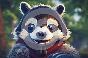 Cartoon smiling fluffy racoon bandit, pirate style, generative AI.