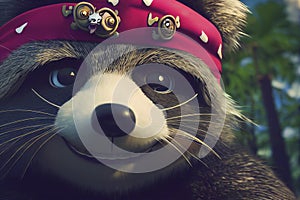 Cartoon smiling fluffy racoon bandit, pirate style, generative AI.