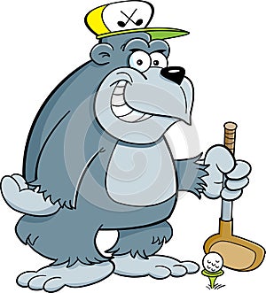 Cartoon smiling gorilla wearing a golf cap while holding a golf club
