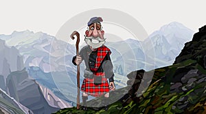 Cartoon smiling gray haired Scottish highlander in a kilt with a staff in his hand stands on a high mountainside