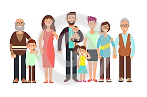 Cartoon smiling happy family. Grandpa and grandma, dady, mom and children vector illustration