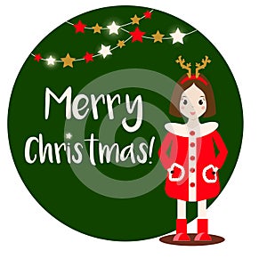 Cartoon smiling kid girl character wearing winter clothes. Merry Christmas banner