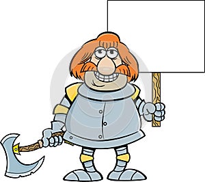 Cartoon smiling knight holding a sign and a battle axe.