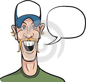 Cartoon smiling man in baseball cap with speech bubble