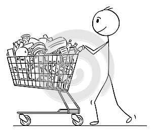 Cartoon of Smiling Man or Businessman Pushing Shopping Cart Full of Goods