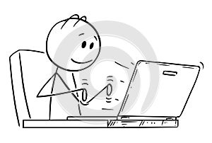 Cartoon of Smiling Man or Businessman Working or Typing on Laptop or Notebook Computer