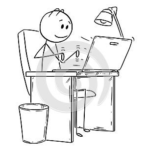Cartoon of Smiling Man or Businessman Working or Typing on Laptop or Notebook Computer photo