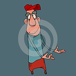 Cartoon smiling man in a cap with two hands gestures inviting