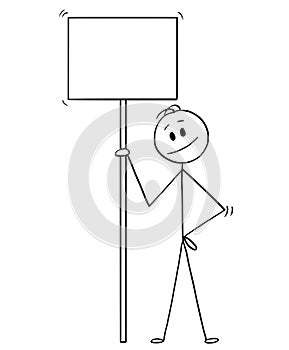 Cartoon of Smiling Man Holding Big and High Empty Sign Ready for Your Text