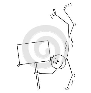 Cartoon of Smiling Man Performing a Handstand and Holding Empty Sign