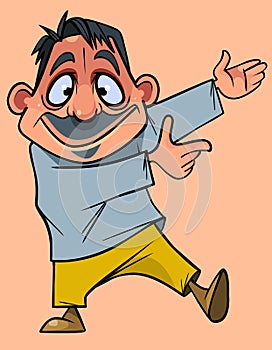 Cartoon smiling man pointing his hands to the side