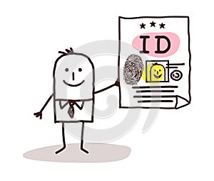 Cartoon smiling man showing a Valid Identity Card