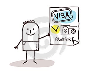 Cartoon smiling man showing a valid Passport and Visa