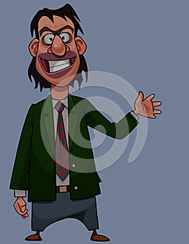 Cartoon smiling man in suit joyfully waves his hand