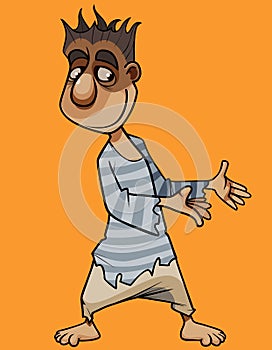 Cartoon smiling man in torn clothes demonstrates something