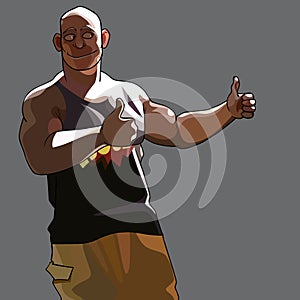 Cartoon smiling muscular man approvingly showing thumbs up