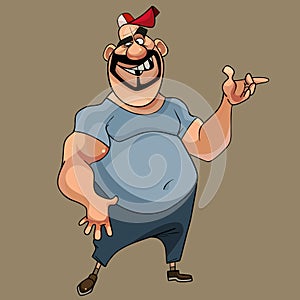 Cartoon smiling muscular man in a cap says gesticulating photo