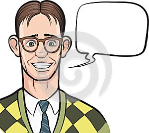 Cartoon smiling nerd with speech bubble