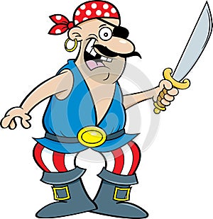 Cartoon smiling pirate holding a cutlass.