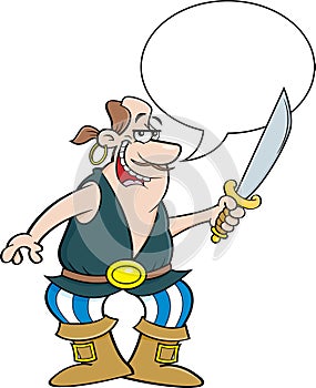 Cartoon smiling pirate holding a cutlass with a caption balloon.