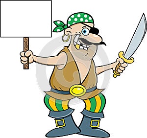 Cartoon smiling pirate holding a cutlass and a sign.