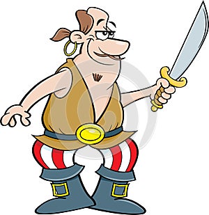 Cartoon smiling pirate holding a cutlass sword.