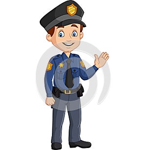 Cartoon smiling policeman waving hand