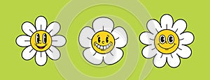 Cartoon Smiling Retro Daisy Emoji. Toothy, Cheerful And Nostalgic Emoticons Featuring Cute Flowers With Retro Twist