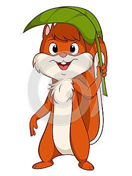 Cartoon smiling squirrel with green sunshade leaf photo