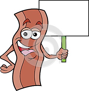Cartoon smiling strip of bacon holding a sign.