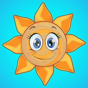 Cartoon smiling sun icon isolated on blue background. Cute sun icon.
