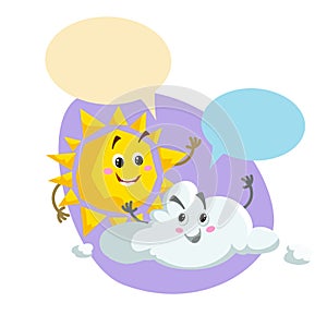 Cartoon smiling sun and pretty cloud mascots. Weather and summer symbol. Shinning and speaking characters with dummy speech bubble