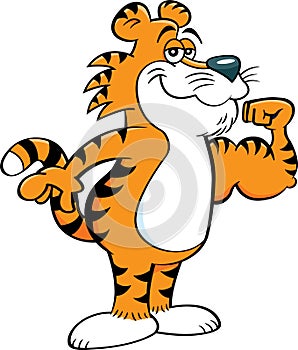 Cartoon smiling tiger making a muscle.