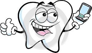 Cartoon smiling tooth taking a picture with a cell phone.