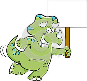 Cartoon smiling triceratops running while holding a sign.