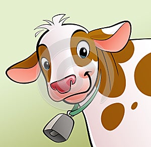 Smiling cow with brown dots and a cowbell photo