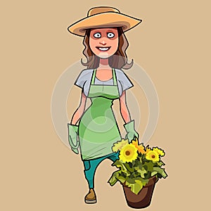 Cartoon smiling woman gardener in a hat next to a flower pot