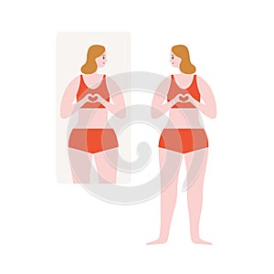 Cartoon smiling woman looking at mirror vector flat illustration. Female character posing in lingerie admiring yourself