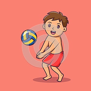 Cartoon smilling boy playing beach volleyball, Cute cartoon kid at summer party, vector cartoon illustration