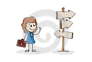 Cartoon smilling businesswoman on crossroad looking for right way forward to future. Woman stand in front of a choice.