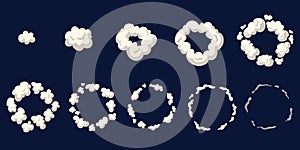 Cartoon smoke animation. Animated cloud explosion dust, sprite frame sheet exhaust gas, blast boom motion effect for