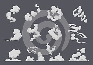 Cartoon smoke cloud. Comic steam explosion dust fight animation fog movement smog motion game smoke. Vector gas blast