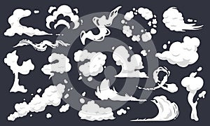 Cartoon smoke clouds. Comic smoke flows, dust, smog and smoke steaming cloud silhouettes isolated vector illustration