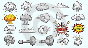 Cartoon smoke clouds and explosion effects vector set
