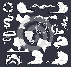Cartoon smoke. Comic clouds, steaming smoke flows, steam explosion cloud. Dust, smog and smoke clouds isolated vector