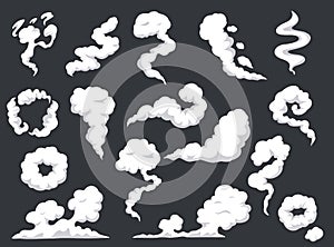 Cartoon smoke. Comic steam cloud, mist, smog. Gas fumes blast, explosion dust. Fog and clouds burst, vapors or fumes photo